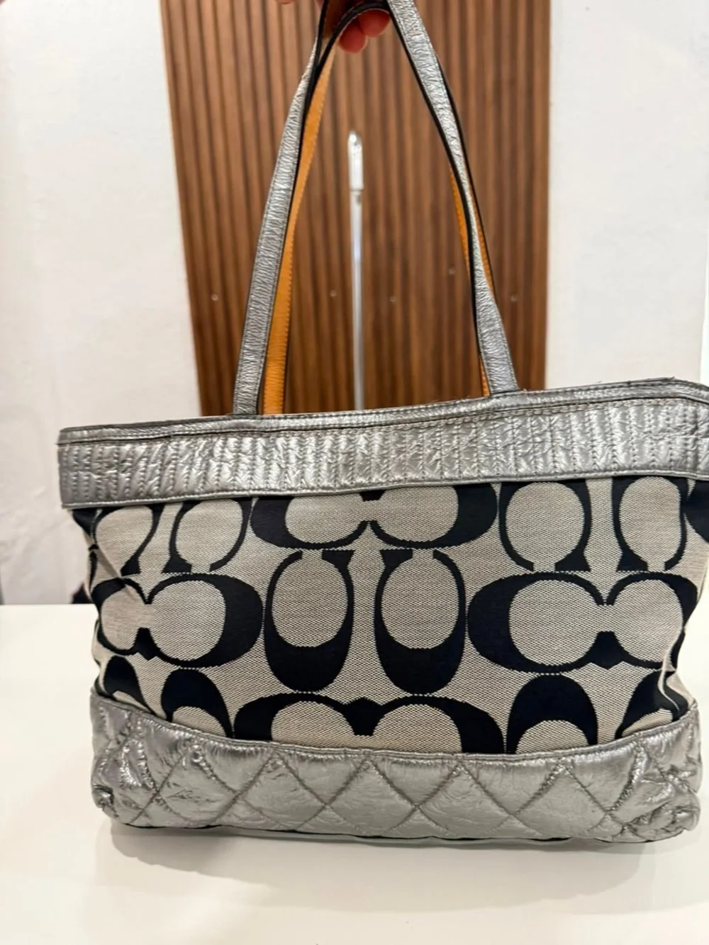 Coach Poppy Silver Quilted Metallic Signature Monogram Gray Black Tote #18676